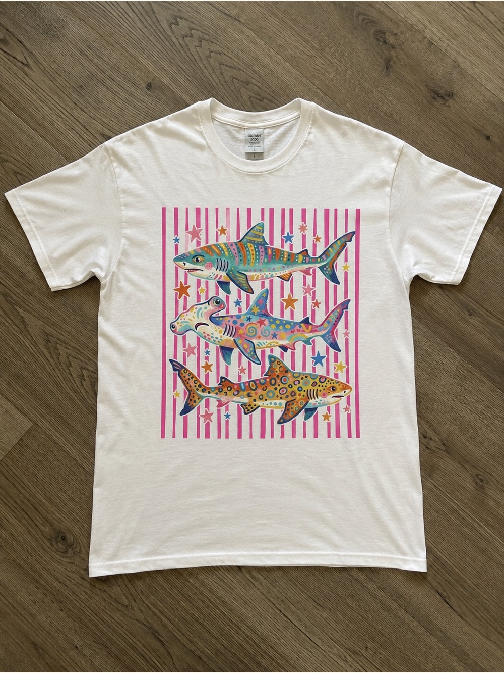 White Tee with Colorful Patterned Sharks T-shirt